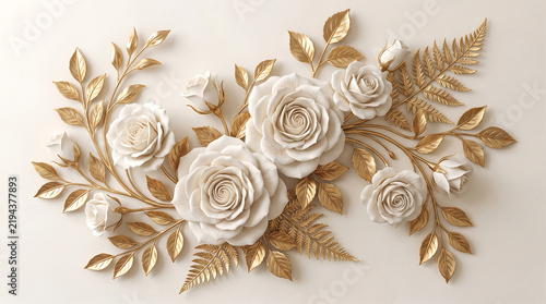 Elegant white roses with metallic gold leaves floral wall decor