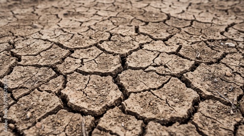 Konstfotografi Close up of dry cracked earth soil texture under intense heat representing droug