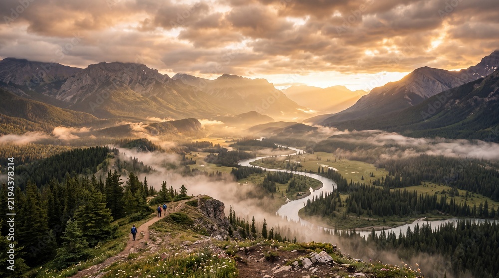 Obraz premium Breathtaking sunrise landscape of majestic mountain range with winding river misty valley and hikers on trail at golden hour