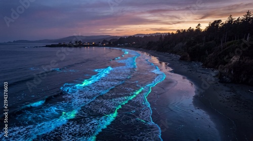 Stunning Bioluminescent Plankton Waves Glowing Neon Blue and Green on a Dark Sandy Beach Shore During Purple Sunset Twilight
