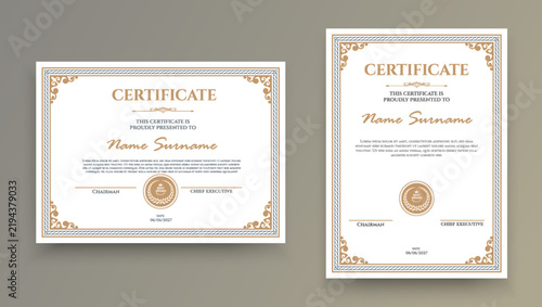 Luxury Certificate of Appreciation Template. Elegant Diploma Award Set with Gold Ornaments. Horizontal and Vertical Layouts.