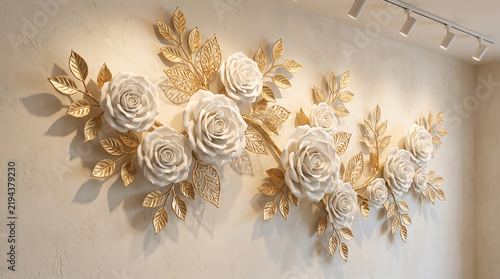 Luxurious white flower relief wall art with gold leaf details