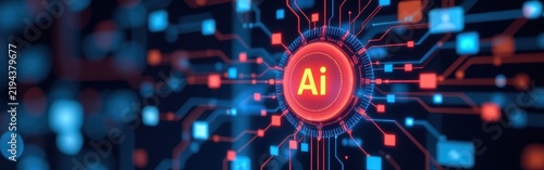 Red and blue digital circuit board with AI core symbolizing artificial intelligence technology.