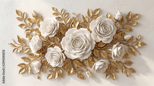 Intricate white rose floral wall sculpture featuring shimmering gold foliage