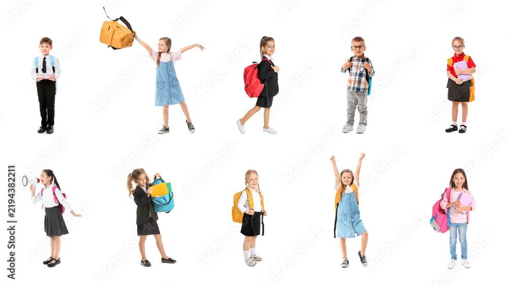 Fototapeta premium Back to school education and childhood development, diverse group of happy children with backpacks and books isolated on a clean white background