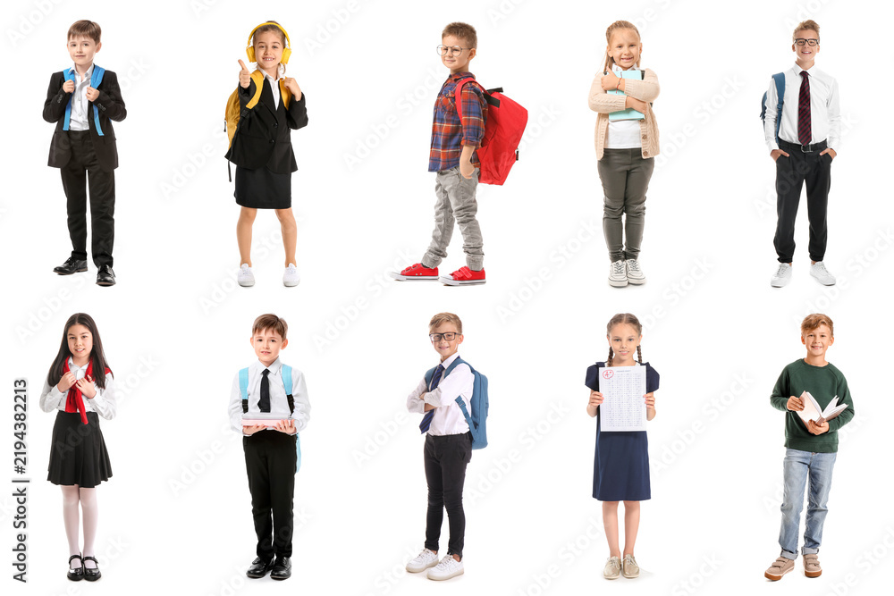 Obraz premium Back to school and education, diverse group of happy students with backpacks and books ready for academic year isolated on a clean white background