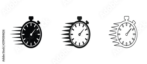 Obraz na płótnie Three quick stopwatch icons with motion effect illustrating speed and rapid timing, presented in solid black, outline, and sketch styles