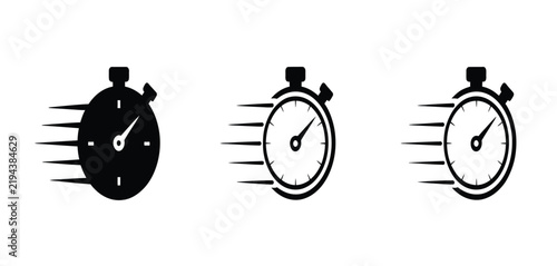 Bild auf Leinwand Three fast stopwatch icons depicting speed and time tracking, with motion lines indicating rapid movement and urgency in black and outline styles