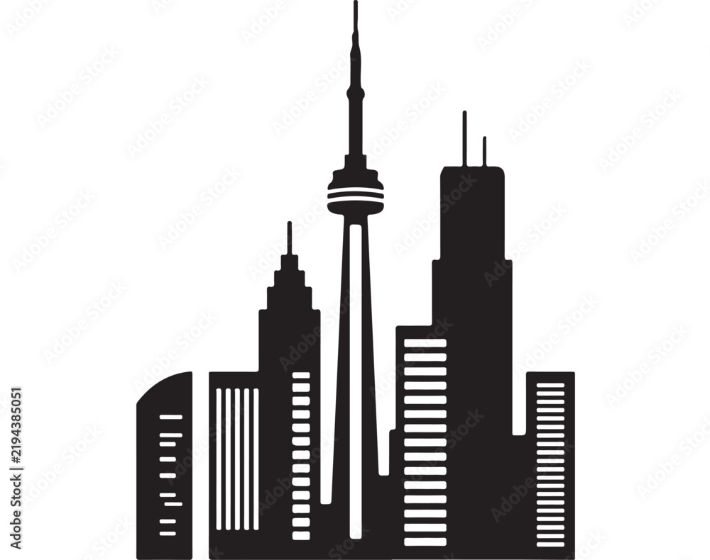 Obraz premium Toronto skyline vector illustration featuring tall skyscrapers and iconic observation tower design elements in clean black and white silhouette format