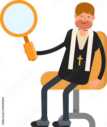 Foto Priest Character Sitting and Holding Magnifier