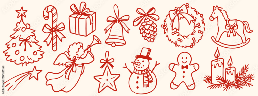 Fototapeta premium Hand drawn Christmas holiday icon set with tree, gifts, bell, wreath, snowman, gingerbread and festive decorations in red outline style