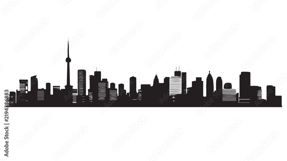 Obraz premium Toronto skyline vector illustration featuring iconic CN tower silhouette and modern urban architecture elements in sharp black graphic ink design