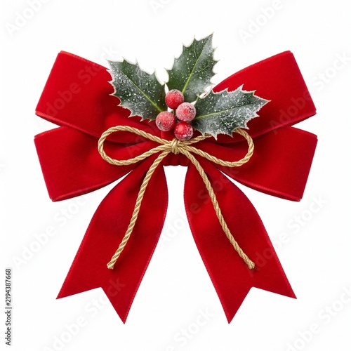 Velvet Red Holiday Bow with Holly Berries and Faux Snow Dusting