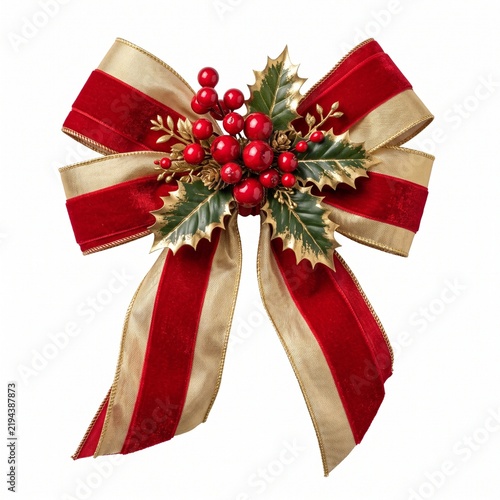 Holiday Bow with Holly Berries and Gold Ribbon Decorative Accent
