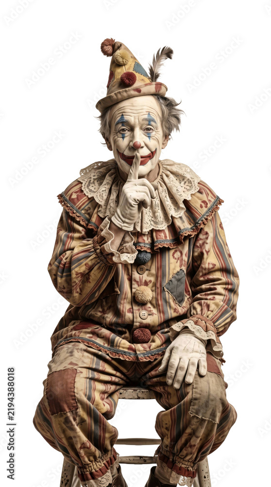 Fototapeta premium Vintage circus clown with finger to lips making a shush gesture isolated on transparent background