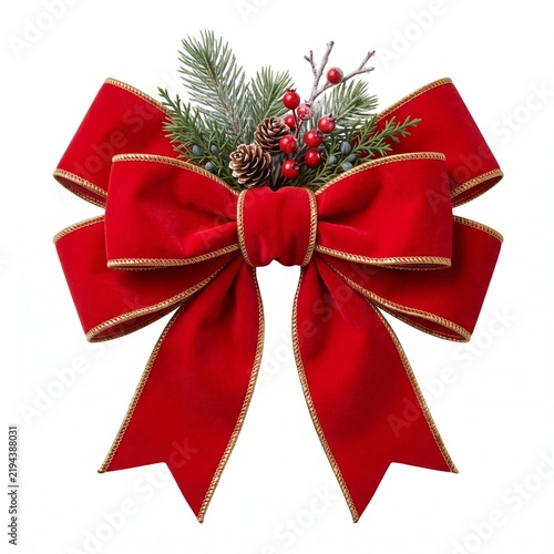 Elegant Red Velvet Holiday Bow with Pine and Berry Decoration