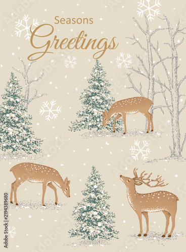 Cristmas Greetings Card With Deer, Trees And Snowflakes