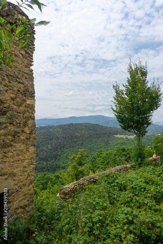 The wall of a medieval tower on a high hill. Bushes and a tree in the courtyard. Mountains and a sky with clouds in the background. Amlivi, Amlevi complex. Kvemo Kartli, Tetritskaro, Georgia