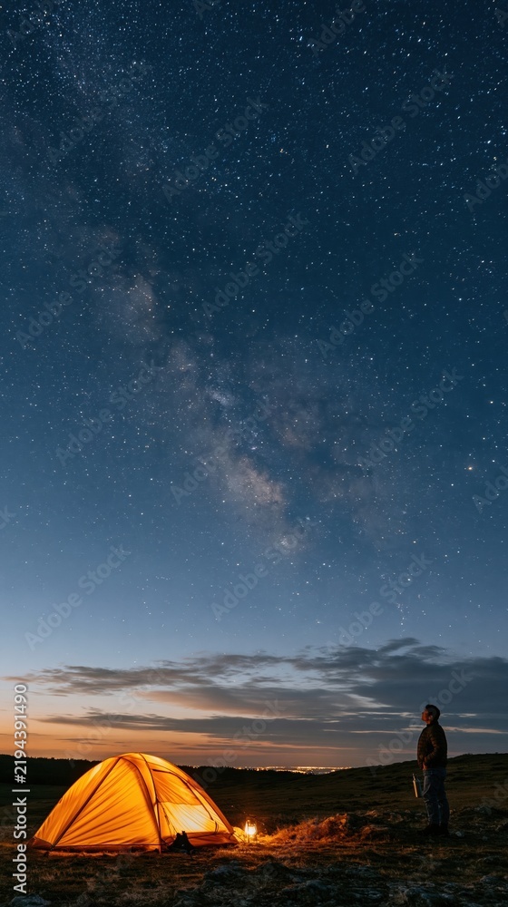 Obraz premium Vast starry sky over a silhouette of a woman standing by a glowing tent in a dark meadow, serene and still for travel and tourism boards