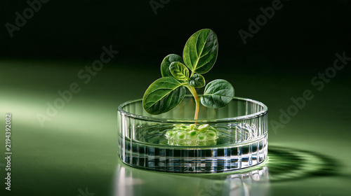 Plant stem cells in crystal petri dish with green light highlighting plant biotechnology and regenerative botanical science