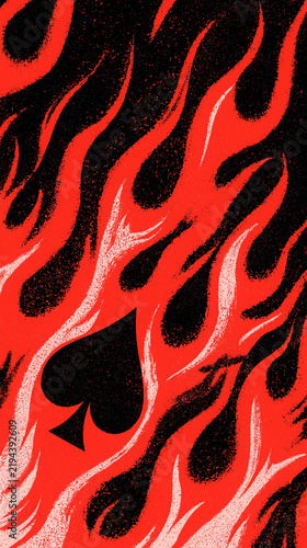 Bold red and black flame pattern with a large spade symbol in gritty print texture. Retro tattoo-style graphic. Great for posters, apparel and gambling design.