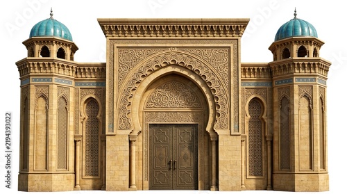Ornate Moroccan Gateway with Blue Domes and Intricate Carvings