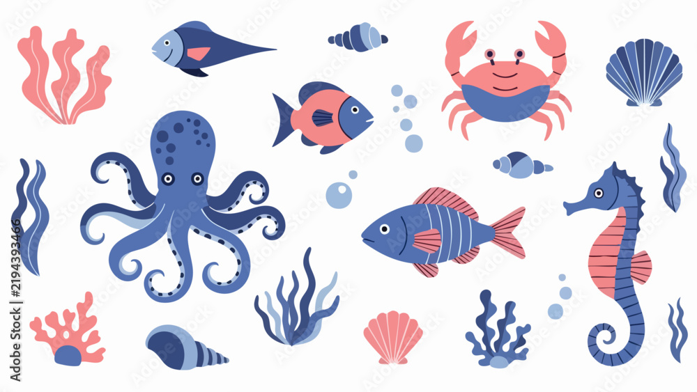 Fototapeta premium Set of Cute Sea Creatures and Underwater Life Illustrations.