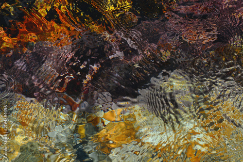 An abstract image depicting the movement of water against a colourful background of the shallow ocean.