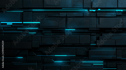 Black machined sci-fi wall of stacked blocks lit by thin vertical bars of cyan neon. Detailed futuristic surface. Ideal for gaming banners, tech branding and cyberpunk design.