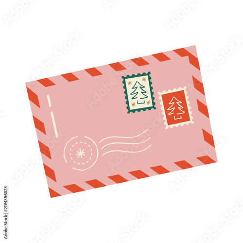 Pink christmas envelope with postage stamps and postmark stamp