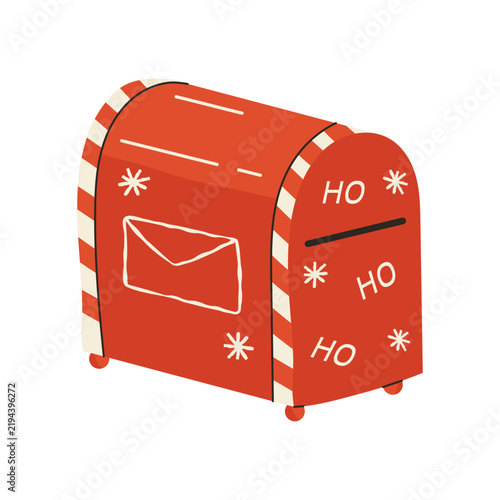 Red vintage christmas mailbox with ho ho ho pattern and snowflakes