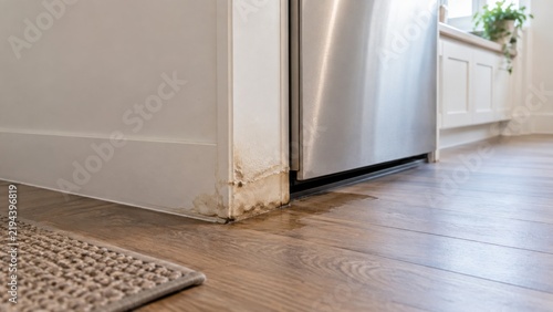 Water Damage and Swollen Baseboard Beside Kitchen Appliance