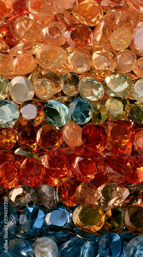 Bands of cut gemstones in amber, red, blue and champagne packed edge to edge. Luxury jewel texture. Great for jewellery, luxury and pattern-led design visuals.