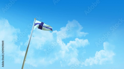 Finland Flag 3D Render Animation on Pole with Blue Sky and Clouds - Low Angle View