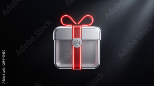 Futuristic Christmas present with glowing red bow and silver trim on black space background