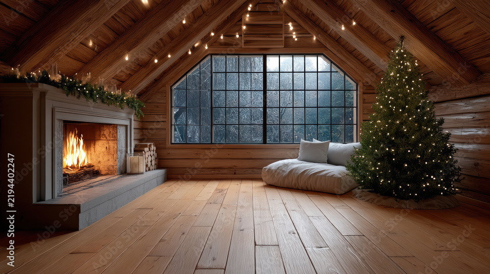 Fototapeta premium Cozy wooden cabin interior with Christmas tree, fireplace, string lights, winter night, peaceful, warm