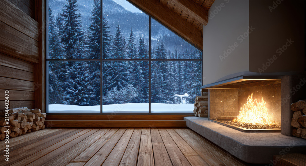 Fototapeta premium Cozy wooden cabin interior with fireplace, large window, snowy forest, mountain view, warm atmosphere, winter night