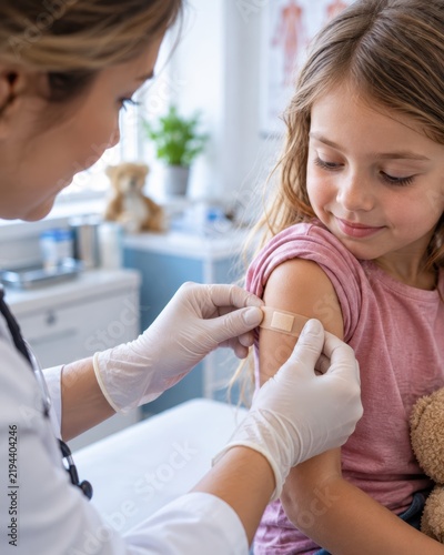 Pediatrician applying a band-aid adhesive bandage on a smiling little girl's arm after vaccination in a doctor's office