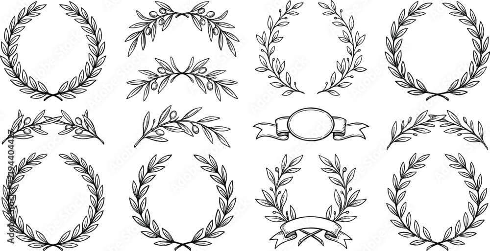 Fototapeta premium Hand drawn sketch illustration of olive laurel wreath set circular frames branches ribbons dividers vintage foliage vector line art.