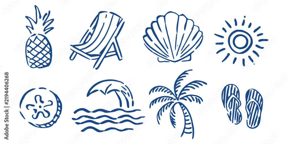 Obraz premium Summer beach icon set, hand drawn sketch vector illustration
