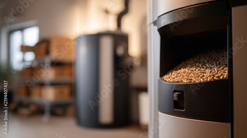 close up of a modern pellet heating boiler with a visible hopper filled with clean light brown wood pellets, softly blurred background