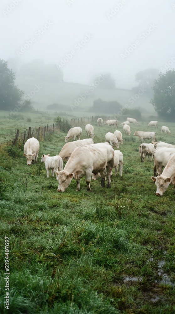 Fototapeta premium Flock of Sheep Grazing in Foggy Pasture Scene.