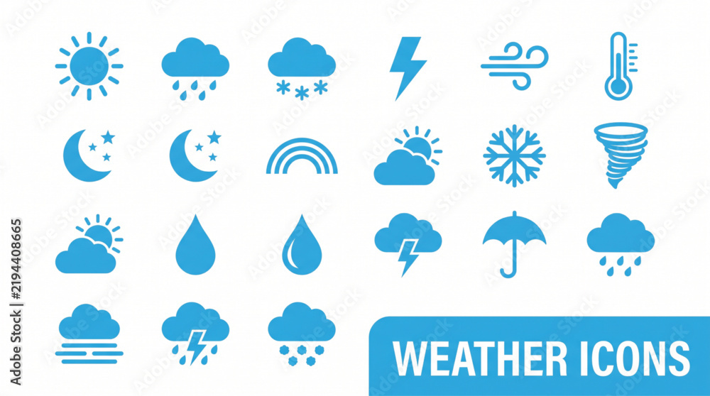 Obraz premium Flat vector collection of blue meteorological symbols for sun rain clouds snow and storm forecasting for website and application interface design