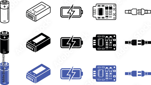Set of battery, power, circuit board, and cable connector icons in outline, solid, and color styles