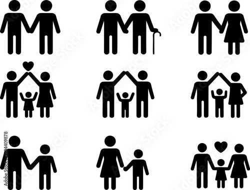 family icons set with people, home, and heart symbols