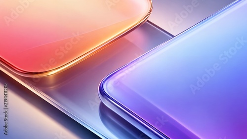 Abstract geometric background with smooth rounded rectangular glass plates and pastel gradient lighting 3d render