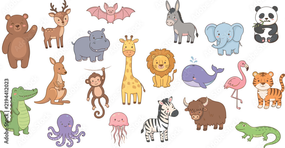 Obraz premium Cute Cartoon Wild Animal Character Collection Featuring Lion Elephant Bear Giraffe and Marine Life for Kids Educational Media and Nursery Wall Art Designs