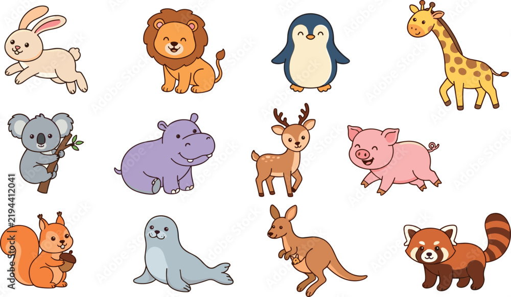 Obraz premium Cute Cartoon Wild Animal Character Collection Pack Featuring Lion Giraffe Koala Hippo and Kangaroo for Kids Educational Book Designs