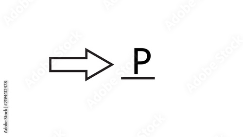Arrow pointing to park letter symbol for directional signage and parking guidance graphics