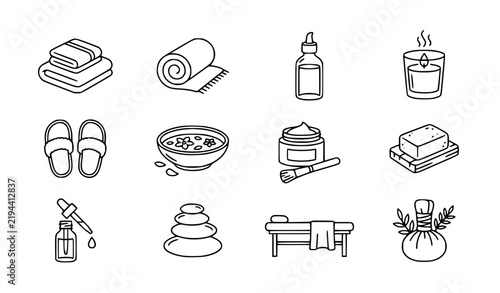 Relaxing spa essentials and natural therapy outline icon collection